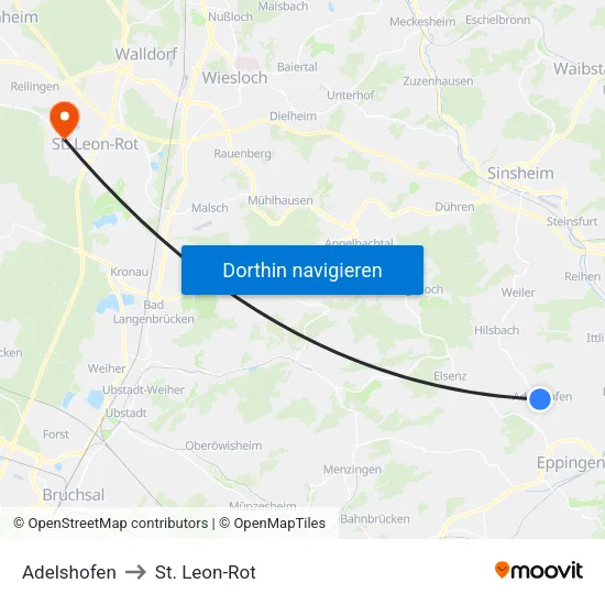 Adelshofen to St. Leon-Rot map