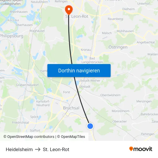 Heidelsheim to St. Leon-Rot map