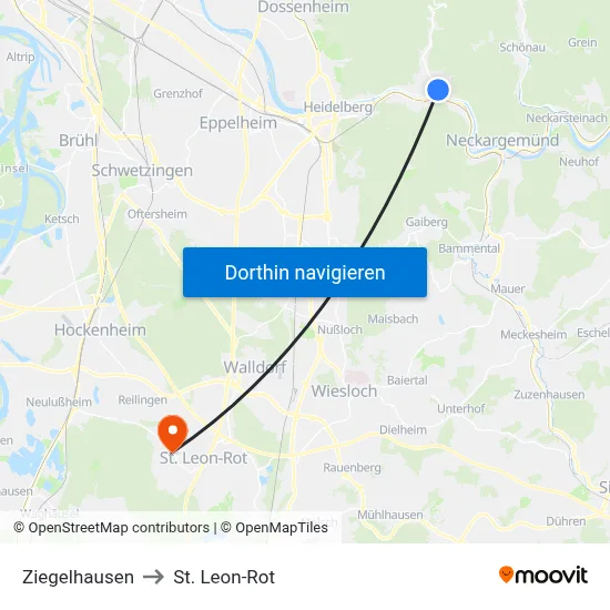 Ziegelhausen to St. Leon-Rot map