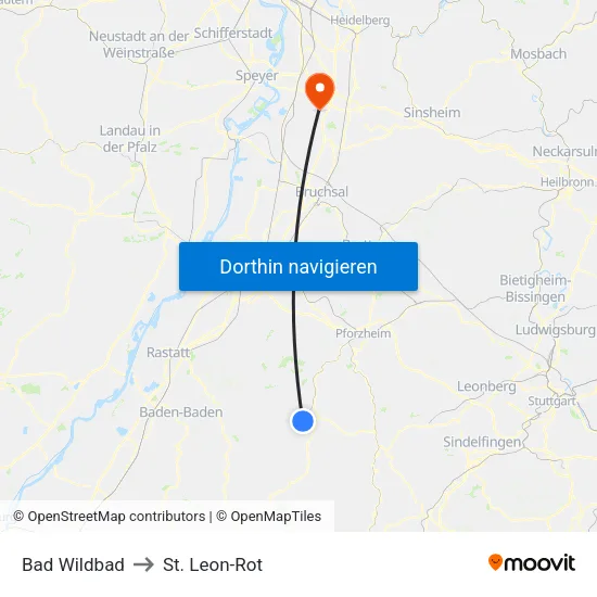 Bad Wildbad to St. Leon-Rot map
