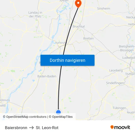 Baiersbronn to St. Leon-Rot map