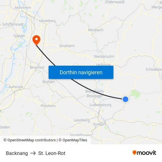 Backnang to St. Leon-Rot map