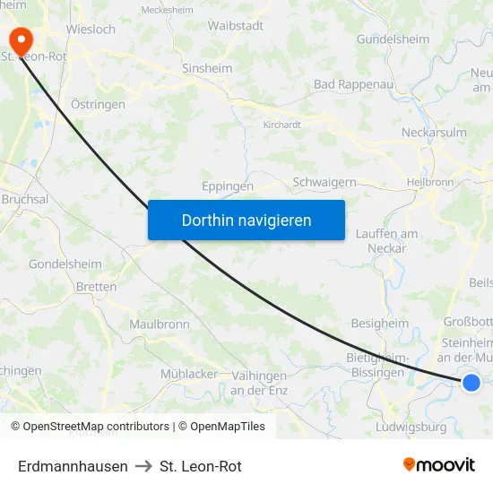 Erdmannhausen to St. Leon-Rot map
