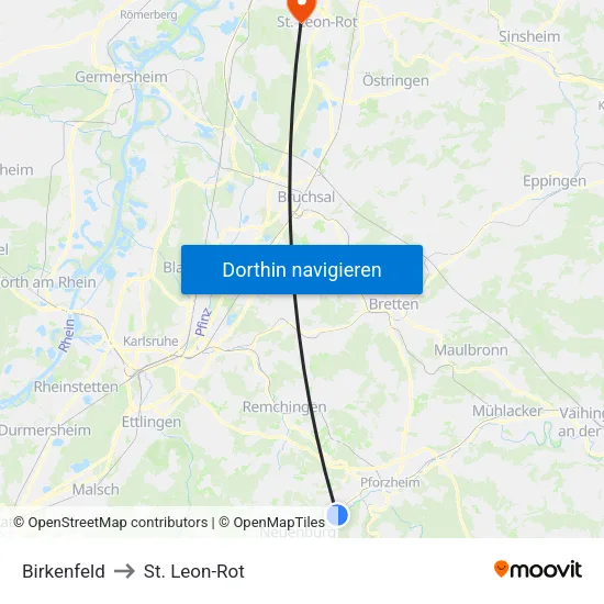 Birkenfeld to St. Leon-Rot map