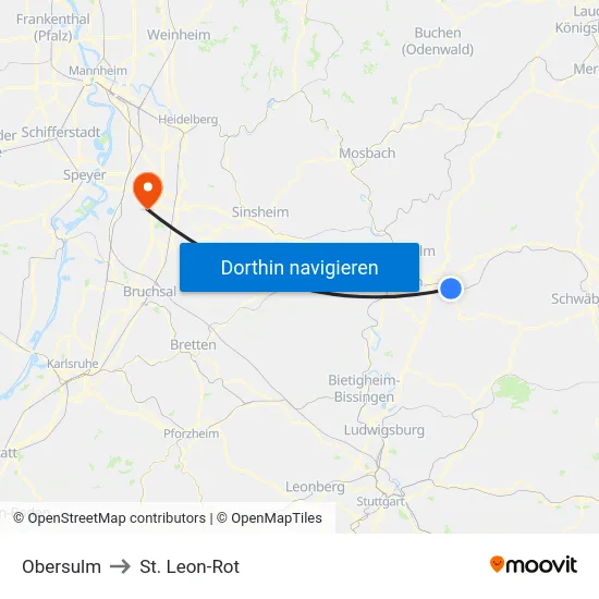 Obersulm to St. Leon-Rot map