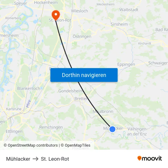 Mühlacker to St. Leon-Rot map