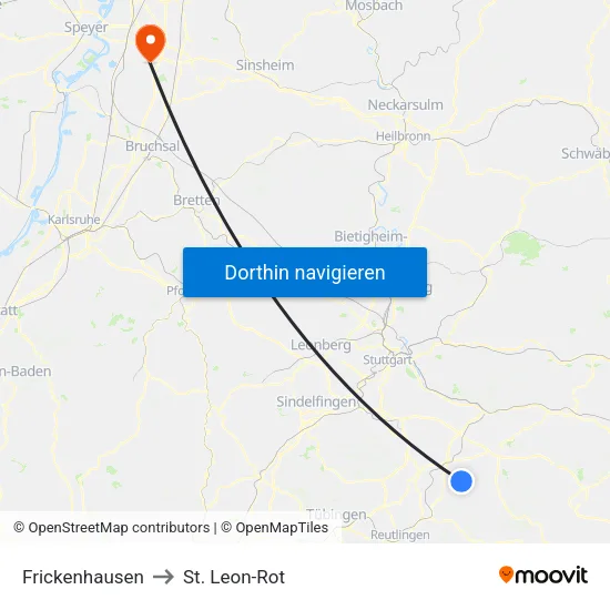 Frickenhausen to St. Leon-Rot map