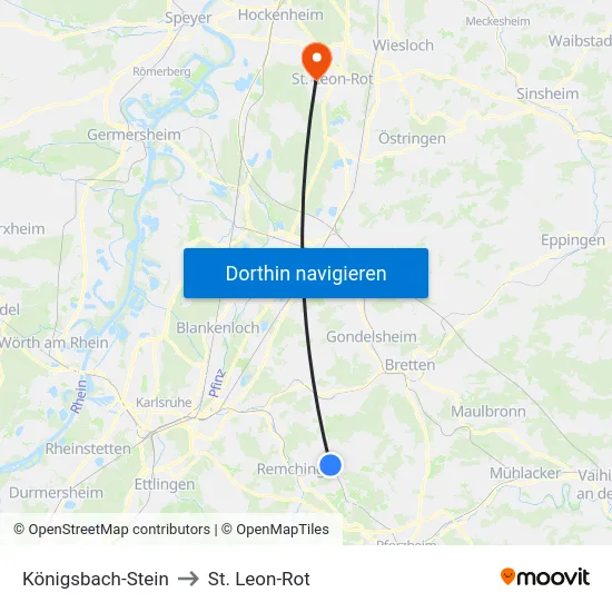 Königsbach-Stein to St. Leon-Rot map