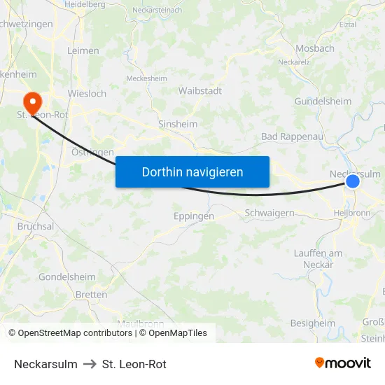 Neckarsulm to St. Leon-Rot map