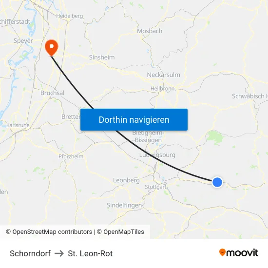 Schorndorf to St. Leon-Rot map