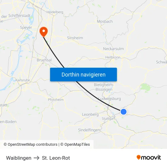 Waiblingen to St. Leon-Rot map