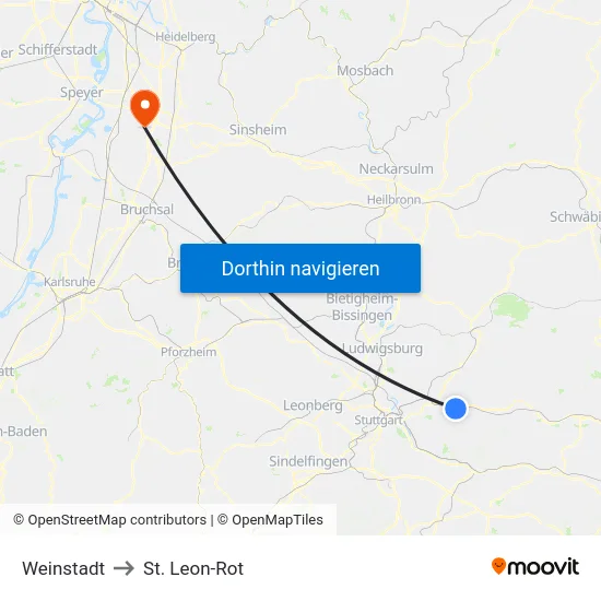 Weinstadt to St. Leon-Rot map