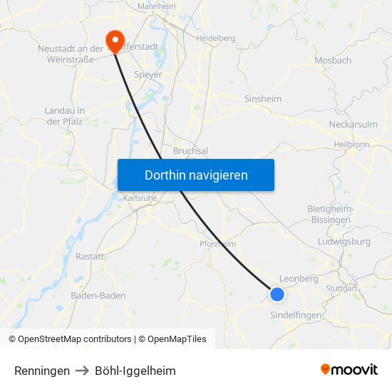 Renningen to Böhl-Iggelheim map