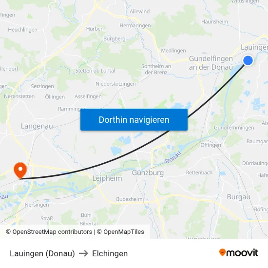 Lauingen (Donau) to Elchingen map