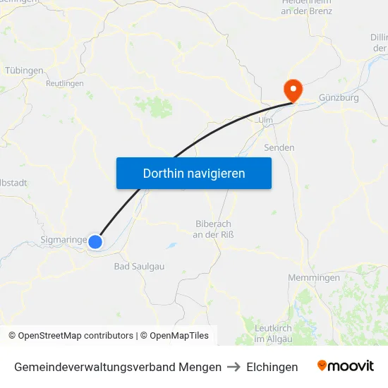 Gemeindeverwaltungsverband Mengen to Elchingen map