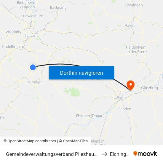 Gemeindeverwaltungsverband Pliezhausen to Elchingen map