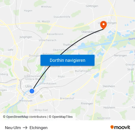 Neu-Ulm to Elchingen map