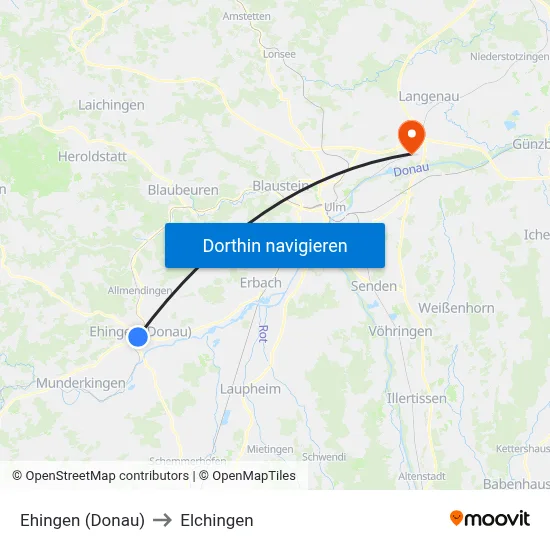 Ehingen (Donau) to Elchingen map