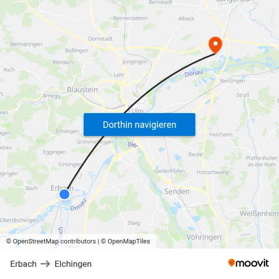 Erbach to Elchingen map