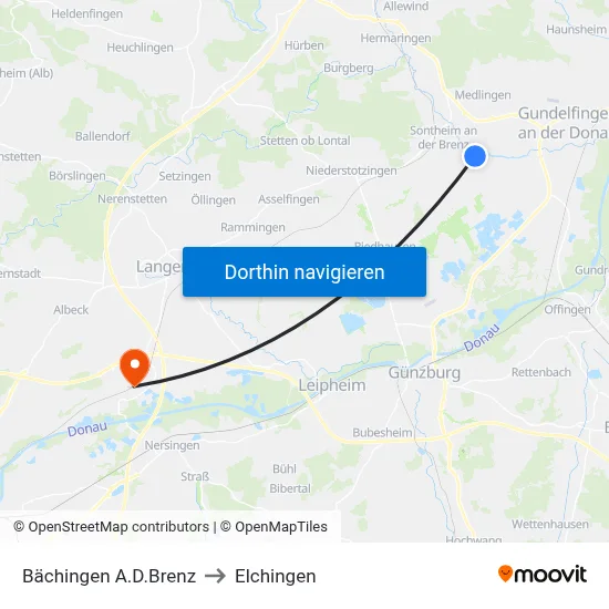 Bächingen A.D.Brenz to Elchingen map