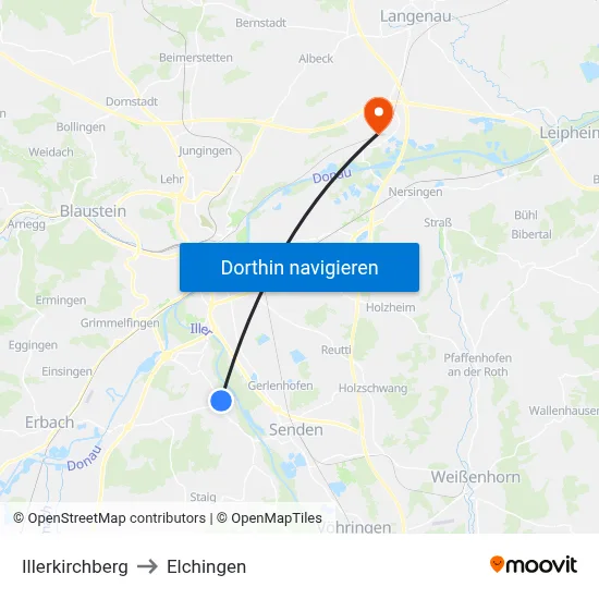 Illerkirchberg to Elchingen map