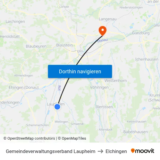 Gemeindeverwaltungsverband Laupheim to Elchingen map