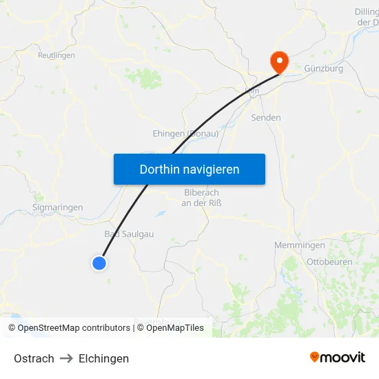 Ostrach to Elchingen map