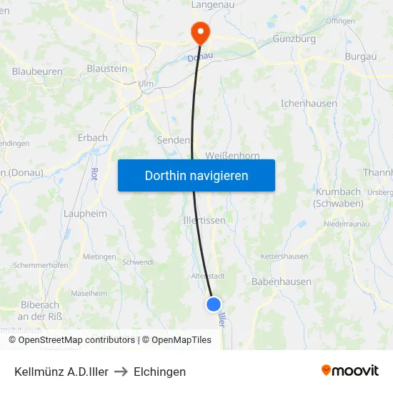 Kellmünz A.D.Iller to Elchingen map