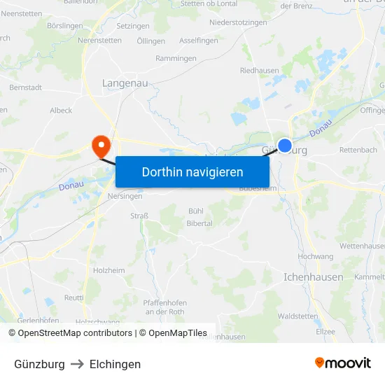 Günzburg to Elchingen map