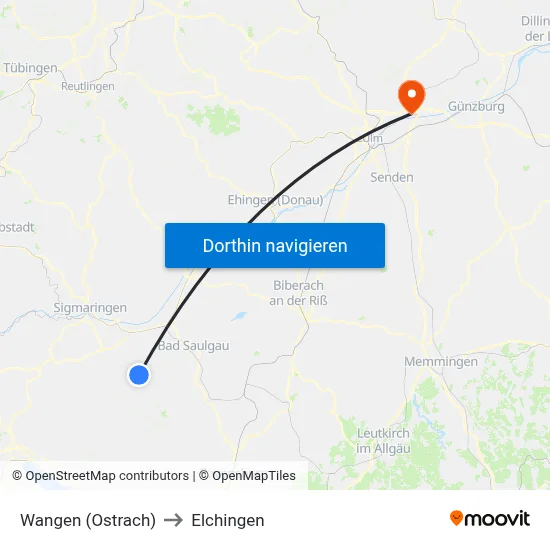 Wangen (Ostrach) to Elchingen map