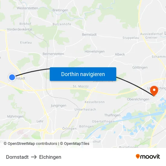 Dornstadt to Elchingen map