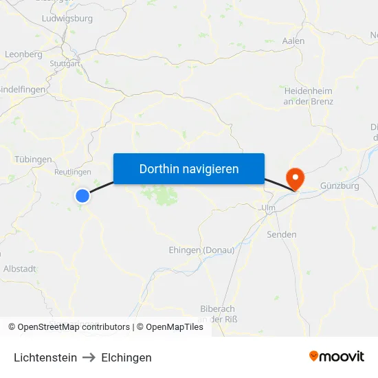 Lichtenstein to Elchingen map