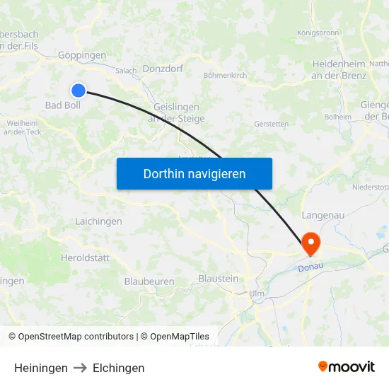 Heiningen to Elchingen map