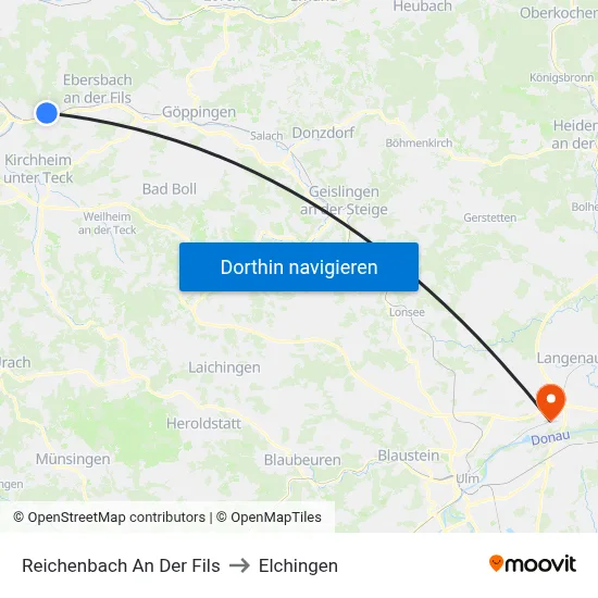 Reichenbach An Der Fils to Elchingen map