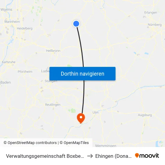 Verwaltungsgemeinschaft Boxberg to Ehingen (Donau) map