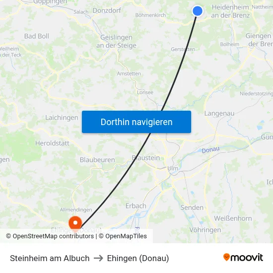 Steinheim am Albuch to Ehingen (Donau) map