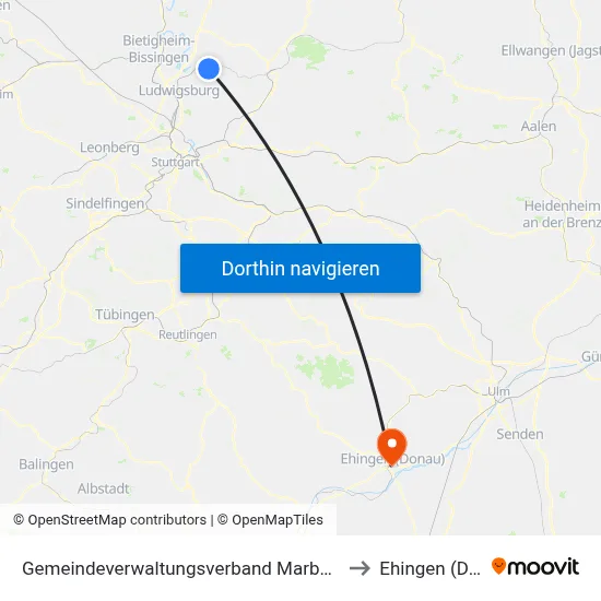 Gemeindeverwaltungsverband Marbach am Neckar to Ehingen (Donau) map