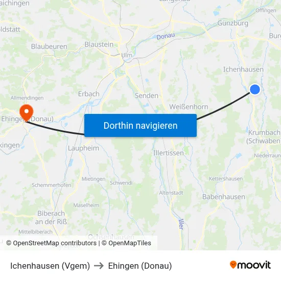 Ichenhausen (Vgem) to Ehingen (Donau) map