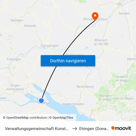 Verwaltungsgemeinschaft Konstanz to Ehingen (Donau) map
