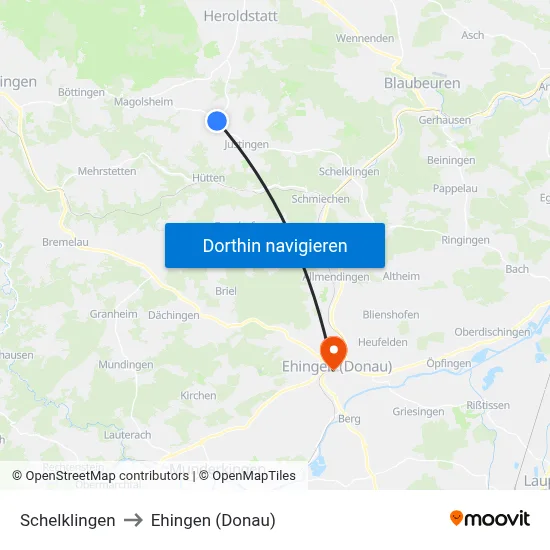 Schelklingen to Ehingen (Donau) map