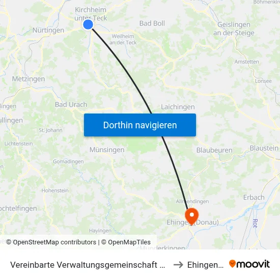 Vereinbarte Verwaltungsgemeinschaft Der Stadt Kirchheim Unter Teck to Ehingen (Donau) map