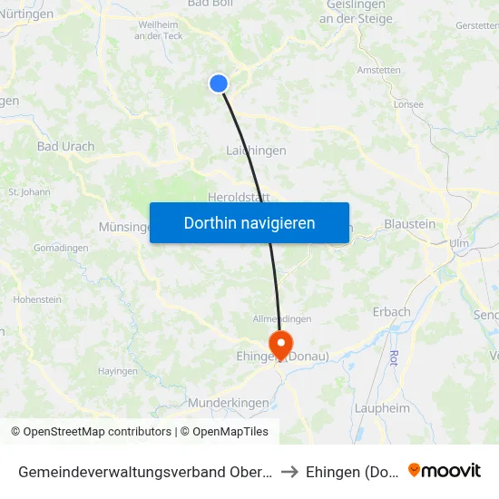 Gemeindeverwaltungsverband Oberes Filstal to Ehingen (Donau) map