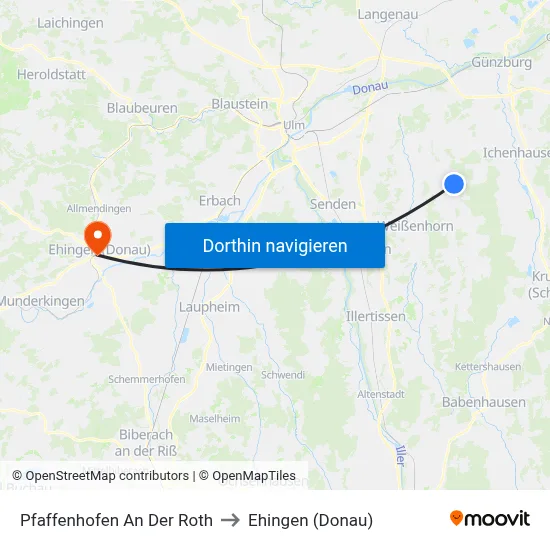 Pfaffenhofen An Der Roth to Ehingen (Donau) map