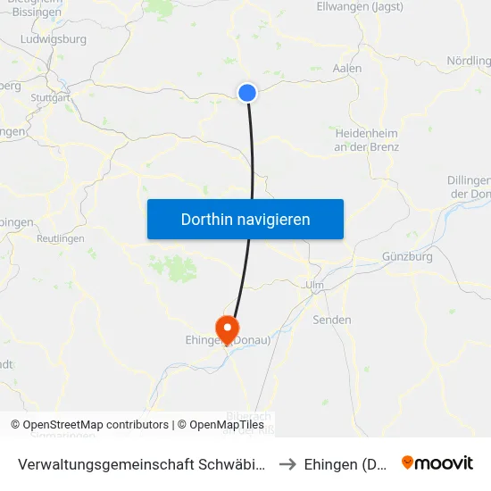 Verwaltungsgemeinschaft Schwäbisch Gmünd to Ehingen (Donau) map