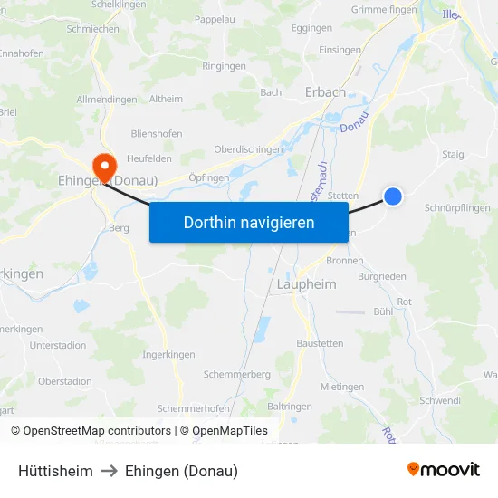 Hüttisheim to Ehingen (Donau) map
