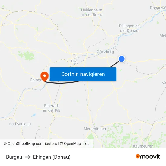 Burgau to Ehingen (Donau) map