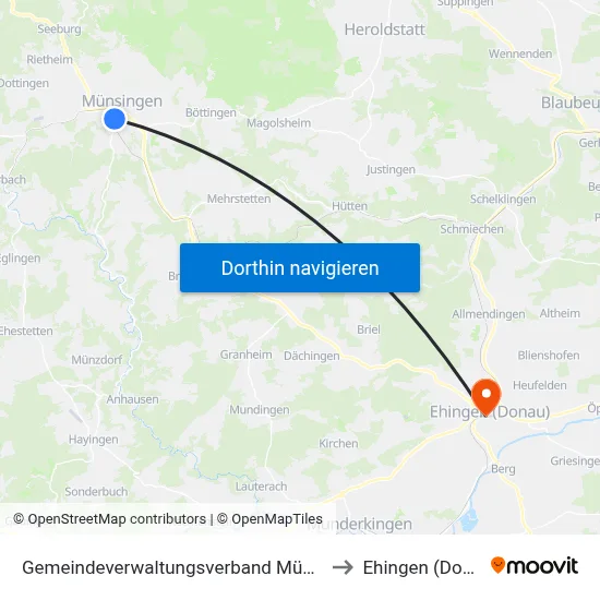 Gemeindeverwaltungsverband Münsingen to Ehingen (Donau) map