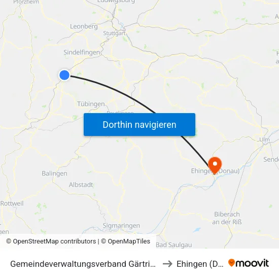 Gemeindeverwaltungsverband Gärtringen/Ehningen to Ehingen (Donau) map