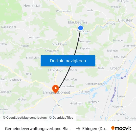 Gemeindeverwaltungsverband Blaubeuren to Ehingen (Donau) map