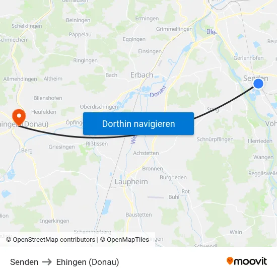 Senden to Ehingen (Donau) map